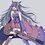  1girl :p bare_shoulders black_hair black_nails boots breasts choker collarbone danganronpa_(series) danganronpa_2:_goodbye_despair detached_sleeves dress fangs feet_out_of_frame grey_background guitar highres instrument mioda_ibuki multicolored_hair nail_polish pink_dress pink_eyes pink_footwear pink_hair purple_dress satori_(aosky9077) simple_background small_breasts solo spiked_choker spikes teeth tongue tongue_out upper_teeth_only white_hair 