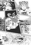  anger_vein bow braid cirno comic dress flying food frog greyscale hair_bow hat highres hong_meiling ice ice_cream ice_wings monochrome morino_hon multiple_girls ribbon scarf snow star touhou twin_braids wings 
