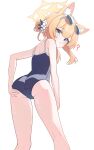  1girl absurdres animal_ear_fluff animal_ears ass bare_arms bare_legs bare_shoulders black_one-piece_swimsuit blue_archive blue_eyes blush breasts cat_ears cowboy_shot eyewear_on_head flower hair_flower hair_ornament halo highres long_hair mari_(blue_archive) nonddu one-piece_swimsuit orange_hair parted_lips school_swimsuit simple_background small_breasts solo sunglasses swimsuit white_background white_flower yellow_halo 
