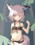  1girl ahoge animal_ears arknights arm_behind_back arm_up bikini black_bikini blue_eyes breasts brown_hair fie_in_b86 fox_ears fox_girl fox_tail highres low_twintails navel short_hair small_breasts smile solo stomach sussurro_(arknights) swimsuit tail twintails 