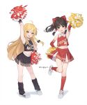  2girls absurdres ahoge arm_up armpits black_skirt black_socks blonde_hair bow braid breasts brown_eyes brown_hair cheering cheerleader full_body hair_bow hair_tubes hakurei_reimu highres holding holding_pom_poms kanpa_(campagne_9) kirisame_marisa long_hair multiple_girls navel pleated_skirt pom_pom_(cheerleading) red_bow red_skirt red_socks shirt shoes sideboob simple_background single_braid skirt sleeveless sleeveless_shirt socks touhou twitter_username white_background white_footwear yellow_eyes 