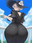  1girl absurdres alternate_breast_size artsheops ass breasts cloud cogita_(pokemon) cup green_eyes hat highres holding holding_cup huge_ass huge_breasts looking_back mature_female nejime pokemon pokemon_legends:_arceus sky smile white_hair 