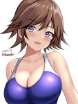  1girl blue_one-piece_swimsuit breasts brown_hair collarbone competition_swimsuit dated flipped_hair hiei_(kancolle) highres kantai_collection large_breasts long_hair looking_at_viewer montemasa one-piece_swimsuit open_mouth purple_eyes short_hair simple_background smile solo swimsuit twitter_username upper_body white_background 