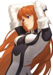  1girl arms_up asagi_(banzoku210) blue_eyes breasts closed_mouth commentary_request elhaym_van_houten expressionless gloves highres long_hair looking_at_viewer medium_breasts orange_hair simple_background solo uniform very_long_hair white_background xenogears 