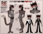  anthro bat_symbol black_hair black_tie_(suit) blood blood_from_mouth blood_in_mouth bodily_fluids clothing domestic_cat drinking drinking_blood felid feline felis hair hi_res highlights_(coloring) male mammal model_sheet rae_(vampimorph) red_eyes red_hair solo suit vampimorph vampire 