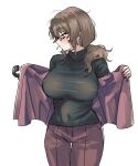  1girl black_sweater breasts brown_eyes brown_hair cigarette cowboy_shot glasses gregor_(project_moon) highres huge_breasts jacket kikkoinu limbus_company low_ponytail mechanical_arms pants parted_bangs pink_jacket pink_pants project_moon simple_background single_mechanical_arm solo sweater undressing white_background 