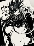  beelstarmon breasts character_name coat crop_top digimon digimon_(creature) eye_mask highres koutei_teki large_breasts long_hair monochrome navel one_eye_closed photo_(medium) puckered_lips third_eye traditional_media underboob 