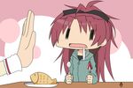  aoki_ume_(style) bow drooling fang food hair_bow hungry jacket long_hair mahou_shoujo_madoka_magica mai_(t-5) multiple_girls open_mouth parody polearm ponytail red_hair sakura_kyouko solo_focus soul_gem spear spoon style_parody taiyaki wagashi weapon wide_face ||_|| 