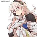  1girl alonemistrist black_hairband corrin_(female)_(fire_emblem) corrin_(fire_emblem) fire_emblem fire_emblem_fates grey_hair hairband long_hair looking_at_viewer pointy_ears red_eyes smile solo white_hair 
