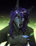 anthro canid canine fangs fur green_body green_fur hair headshot_portrait hi_res hybrid jaw male mammal nipples portrait purple_eyes purple_hair road~abelgeym solo teeth