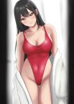  1girl black_hair breasts cleavage commentary_request covered_navel head_tilt highleg highleg_swimsuit highres large_breasts long_hair looking_at_viewer nanajou one-piece_swimsuit original red_eyes red_one-piece_swimsuit robe solo swimsuit thigh_gap undressing white_robe 