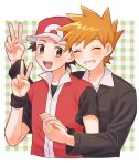  2boys :d blue_oak blush closed_eyes collared_shirt commentary_request grin happy hat highres holding_hands jacket long_sleeves male_focus mochi_(mocchi_p_2m) multiple_boys open_mouth plaid plaid_background pokemon pokemon_hgss red_(pokemon) red_hat red_vest shirt short_hair short_sleeves smile spiked_hair teeth upper_body upper_teeth_only v vest wristband 