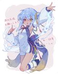  1girl :o arm_up armpits bacheally bare_shoulders blue_hair blue_scarf bow breasts china_dress chinese_clothes dark-skinned_female dark_skin detached_sleeves double_bun dress full_body hair_between_eyes hair_bun hands_up heterochromia highres long_sleeves looking_at_viewer loose_socks merc_storia open_hands open_mouth outstretched_arm puffy_sleeves red_eyes ribbon scarf short_dress side_slit sideless_outfit simple_background small_breasts socks solo speech_bubble water white_background white_dress white_sleeves yellow_eyes yellow_scarf 
