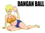  1girl bikini_(dragon_ball) blonde_hair blue_eyes breasts cleavage dangan_minorz denim denim_shorts dragon_ball dragon_ball_z earrings female_pubic_hair jewelry large_breasts looking_at_viewer lying navel on_side plump pompadour pubic_hair sandals shorts smile tank_top 