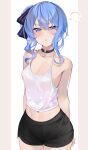  1girl :o arms_behind_back black_choker black_shorts blue_eyes blue_hair blush breasts camisole choker cleavage collarbone commentary_request cowboy_shot crop_top hair_ribbon highres hololive hoshimachi_suisei navel omoti_(1201208) puff_of_air ribbon short_shorts shorts side_ponytail small_breasts solo star_(symbol) star_in_eye star_print symbol_in_eye v-shaped_eyebrows virtual_youtuber white_camisole 