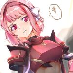  armor braid breastplate cape clear_glass_(mildmild1311) fire_emblem fire_emblem_engage grey_hairband hairband lapis_(fire_emblem) pink_eyes pink_hair red_armor red_cape red_hairband ribbon side_braid speech_bubble two-tone_hairband white_ribbon 