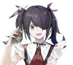  1girl :d @_@ ame-chan_(needy_girl_overdose) black_eyes black_hair black_ribbon bottle collared_shirt commentary_request crazy_eyes hair_ornament hair_over_one_eye hand_up holding holding_bottle long_hair looking_at_viewer neck_ribbon needy_girl_overdose open_mouth pill pill_bottle red_shirt ribbon shirt simple_background smile solo suspenders tsukikaze_aki twintails upper_body white_background x_hair_ornament 