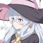  1girl black_robe closed_mouth commentary crossed_bangs elaina_(majo_no_tabitabi) grey_hair hair_between_eyes hat hat_ornament large_hat light_blush long_hair majo_no_tabitabi mochika_(mochika_392) purple_eyes robe simple_background solo translation_request upper_body white_background witch_hat 