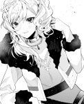 1girl citrinne_(fire_emblem) closed_mouth coat fire_emblem fire_emblem_engage fur_trim greyscale highres illust_mi jewelry looking_at_viewer medium_hair monochrome solo upper_body 