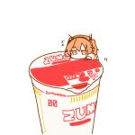  1girl a.i._voice adachi_rei blush brand_name_imitation chibi climbing commentary_request headlamp highres jacket long_sleeves mini_person minigirl nissin_cup_noodle no_mouth no_pupils noodle_stopper one_side_up orange_eyes orange_hair radio_antenna simple_background solo utau wato_(wato_miiiiiku) white_background white_jacket 