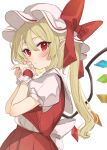  1girl blonde_hair cowboy_shot flandre_scarlet from_side hat hat_ribbon highres long_hair looking_at_viewer looking_to_the_side mob_cap paragasu_(parags112) pleated_skirt pointy_ears red_eyes red_ribbon red_shirt red_skirt ribbon shirt side_ponytail simple_background skirt solo touhou vampire white_background white_hair white_shirt wings 