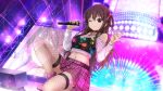  1girl 22/7 22/7_ongaku_no_jikan \||/ braid braided_hair_rings brown_eyes brown_hair choker closed_mouth collarbone concert dutch_angle fishnet_thighhighs fishnets game_cg hair_between_eyes hair_ribbon hands_up highres holding holding_microphone idol jewelry lens_flare light_particles long_hair long_sleeves looking_at_viewer microphone navel non-web_source official_art on_one_knee one_eye_closed pendant pink_footwear pink_skirt plaid plaid_skirt pleated_skirt ribbon screen_zoom sidelocks skirt smile solo sparkle stage_lights tachikawa_ayaka thighhighs twin_braids 