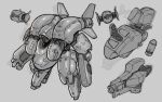  arm_cannon fins grey_background greyscale highres joints mecha monochrome multiple_views one-eyed original phinyx red_eyes robot robot_joints sketch spot_color submarine torpedo watercraft weapon 