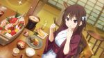  1girl 22/7 22/7_ongaku_no_jikan blurry blush_stickers braid braided_hair_rings brown_eyes brown_hair chopsticks closed_mouth cup depth_of_field drinking_glass dutch_angle eating fish_(food) food game_cg hair_between_eyes hair_ribbon hand_to_own_mouth highres holding holding_chopsticks indoors japanese_clothes kimono lens_flare light_particles long_hair looking_at_viewer miso_soup non-web_source obi official_art plate ribbon rice sash sashimi sidelocks sitting smile solo sparkle tachikawa_ayaka tatami tempura twin_braids yukata 