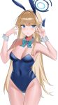  1girl :o animal_ears azurel577 bare_legs bare_shoulders blonde_hair blue_archive blue_bow blue_bowtie blue_eyes blue_hairband blue_halo blue_leotard blush bow bowtie breasts cleavage covered_navel cowboy_shot detached_collar earpiece earrings fake_animal_ears groin hairband halo hands_up highleg highleg_leotard highres jewelry leotard long_hair medium_breasts multicolored_hair official_alternate_costume parted_lips playboy_bunny rabbit_ears simple_background solo streaked_hair stud_earrings thigh_gap toki_(blue_archive) toki_(bunny)_(blue_archive) v very_long_hair w white_background wrist_cuffs 