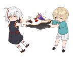  1boy 1girl 1other aged_down arms_up aventurine_(honkai:_star_rail) belt black_dress black_footwear blonde_hair blue_shirt blush bow buttons child closed_eyes closed_mouth collared_shirt creature crying dress flying_sweatdrops full_body grabbing grey_hair grey_necktie hair_between_eyes hair_ornament hairpin hashtag-only_commentary highres honkai:_star_rail honkai_(series) multicolored_hair necktie numby_(honkai:_star_rail) open_mouth puffy_short_sleeves puffy_sleeves red_belt red_bow red_hair rende2vou3 sad shirt shoes short_hair short_sleeves shorts simple_background socks standing streaked_hair tears topaz_(honkai:_star_rail) trembling trotter_(honkai:_star_rail) v-shaped_eyebrows white_background white_shorts white_socks wristband 