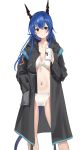  1girl arknights black_coat blue_hair bra breasts ch&#039;en_(arknights) cleavage coat collarbone commentary_request cup dragon_horns feet_out_of_frame hair_between_eyes highres holding holding_cup hood hood_down hooded_coat horns jacket lily0428 long_hair long_sleeves looking_at_viewer medium_breasts mug navel open_clothes open_coat orange_eyes panties parted_lips simple_background solo standing stomach tail thighs underwear very_long_hair white_background white_bra white_panties 