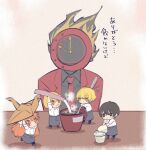  2boys 2girls :3 arms_up black_eyes black_hair black_shirt blonde_hair bow brown_eyes chibi clock closed_mouth coat collared_shirt dante_(limbus_company) don_quixote_(project_moon) fire hair_bow holding holding_spoon ishmael_(project_moon) limbus_company long_hair marbornath mini_person miniboy minigirl multiple_boys multiple_girls necktie object_head orange_hair origami packet paper_crane project_moon red_coat red_necktie shirt short_sleeves simple_background sinclair_(project_moon) smile spoon stirring sugar_(food) sugar_packet translation_request upper_body very_long_hair white_background white_bow white_shirt yellow_eyes yi_sang_(project_moon) 