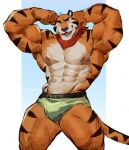  abs anthro clothing felid feline flexing flexing_bicep frosted_flakes kellogg&#039;s male male/male mammal mascot muscular muscular_male neck_scarf nipples o_reowoof pantherine simple_background stripes tiger tony_the_tiger underwear 