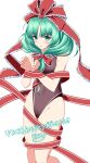  1girl absurdres bare_shoulders bound bound_wrists bow commission frilled_bow frilled_ribbon frills front_ponytail green_eyes green_hair highres kagiyama_hina looking_at_viewer one-piece_swimsuit red_bow red_ribbon ribbon rise_(rise19851203) simple_background skeb_commission solo sweat swimsuit touhou white_background 