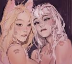  2girls ahri_(league_of_legends) animal_ears bare_shoulders biting_own_lip black_eyeshadow blonde_hair blue_eyes blush breasts close-up demon demon_girl evelynn_(league_of_legends) eyeshadow fox_ears fox_girl highres league_of_legends lipstick_mark long_hair looking_at_viewer makeup medium_breasts messy_hair multiple_girls pink_lips red_lips seansketches sidelocks slit_pupils source_request squinting the_baddest_ahri the_baddest_evelynn unfinished white_hair yellow_eyes yuri 