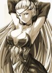  1girl absurdres armpits black_tiara breasts choker cleavage commission dress earrings eir_(fire_emblem) elbow_gloves fire_emblem fire_emblem_heroes gloves grey_hair highres jewelry large_breasts long_hair looking_at_viewer pale_skin ponytail skeb_commission solo strapless strapless_dress stretching tiara to_(tototo_tk) very_long_hair 