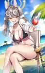  1girl animal_ears beach bikini black_bikini blue_archive blue_sky breasts candy chair cleavage cloud crossed_legs day fake_animal_ears fang food front-tie_bikini_top front-tie_top halo highres holding holding_candy holding_food horizon large_breasts light_brown_hair lollipop looking_at_viewer mayoichi moe_(blue_archive) navel open_clothes open_mouth outdoors palm_tree round_eyewear sand shirt side-tie_bikini_bottom sky solo stomach sweat swimsuit teeth thighs tongue tree twintails water white_shirt yellow_eyes 