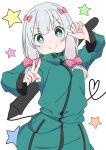  1girl blue_eyes bow closed_mouth commentary_request cowboy_shot eromanga_sensei green_jacket grey_hair hair_bow hands_up heart izumi_sagiri jacket light_blush long_hair long_sleeves looking_at_viewer low-tied_long_hair mochika_(mochika_392) partial_commentary pink_bow simple_background smile solo star_(symbol) stylus v white_background 