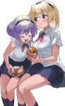  2girls absurdres black_skirt blonde_hair blush burger commentary_request cowboy_shot eating food hairband hanyuu highres higurashi_no_naku_koro_ni holding holding_burger holding_food houjou_satoko looking_at_another multiple_girls oici_ne open_mouth purple_eyes purple_hair school_uniform shirt short_hair sidelocks simple_background sitting skirt smile teeth upper_teeth_only white_background white_shirt 