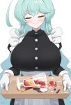  1girl absurdres ahoge alternate_costume apron aqua_hair black_dress blue_archive blueberry breasts closed_eyes commentary doyagao dress enmaided facing_viewer food fruit gloves head_tilt highres holding holding_tray huge_ahoge huge_breasts korean_commentary long_hair maid maid_apron melting no_halo parfait pocky simple_background smug solo spill strawberry tomid tray very_long_hair waist_apron white_apron white_background white_gloves you&#039;re_doing_it_wrong yume_(blue_archive) 