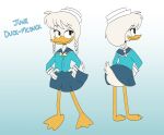 aged_up anatid anseriform anthro avian avian_butt barefoot bird bottomwear braided_hair braided_pigtails clothed clothing disney duck duck_footed ducktales ducktales_(2017) feet female furgonomic_bottomwear furgonomics hair hi_res june_duck model_sheet mr._blue_(artist) navy_hat navy_sailor navy_shirt navy_skirt navy_uniform no_underwear sailor sailor_hat sailor_suit sailor_uniform skirt skirt_parted solo young_adult