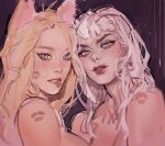  2girls ahri_(league_of_legends) animal_ears bare_shoulders biting_own_lip black_eyeshadow blonde_hair blue_eyes blush breasts close-up demon demon_girl evelynn_(league_of_legends) eyeshadow fox_ears fox_girl highres league_of_legends lipstick_mark long_hair looking_at_viewer makeup medium_breasts messy_hair multiple_girls parted_lips pink_lips red_lips seansketches sidelocks slit_pupils source_request the_baddest_ahri the_baddest_evelynn unfinished white_hair yellow_eyes yuri 