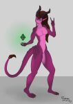  anthro draken female gamal gesture hand_gesture hi_res horn mane muscular muscular_anthro muscular_female nielo_(gamal) nude pink_body scales solo tail tail_tuft tuft v_sign wildstar 