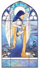  angel_wings blue_cloak cloak flower fog halo holding_trumpet hood hooded_cloak klein_moretti lily_(flower) lord_of_the_mysteries solo stained_glass tunic weibo_2231616683 white_background white_flower wings 