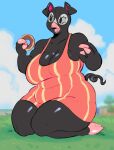  2024 agnes_(animal_crossing) animal_crossing anthro big_breasts black_body black_skin breasts clothed clothing cloven_hooves curled_tail dessert digital_media_(artwork) domestic_pig doughnut dress female food front_view full-length_portrait fully_clothed grass hanaarts hi_res holding_donut hooved_hands hooves kneeling mammal nintendo open_mouth outside overweight overweight_anthro overweight_female pastry pink_hooves pink_inner_ear pink_nose plant portrait solo suid suina sundress sus_(pig) tail 