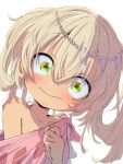  1girl absurdres blonde_hair blush clenched_hand collarbone crop_top dark-skinned_female dark_skin dot_nose hair_between_eyes hair_rings hand_up highres irumyuui looking_at_viewer made_in_abyss medium_hair sekaineko_001 simple_background smile solo tooth_crown upper_body white_background yellow_eyes 