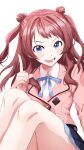  1girl blue_eyes blue_ribbon blush gakuen_idolmaster hanami_saki hatsuboshi_gakuen_school_uniform highres idolmaster index_finger_raised jacket knees_up long_hair looking_at_viewer open_mouth pink_jacket red_hair ribbon run_p_(aveton) school_uniform simple_background skirt smile solo two_side_up white_background 