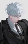  1boy absurdres black_coat black_necktie blue_eyes coat collared_shirt gojou_satoru grey_background hair_between_eyes highres jujutsu_kaisen male_focus necktie popo_6996 portrait shirt short_hair simple_background solo tongue tongue_out white_hair white_shirt 