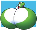  2023 ambiguous_gender big_butt big_nose black_eyes blue_background border bubble_butt butt colored digital_media_(artwork) dinosaur extinct green_body green_tail hi_res huge_butt hyper hyper_butt looking_at_viewer looking_back looking_back_at_viewer mario_bros nintendo prehistoric_species rear_view red_shell red_tongue reptile scalie shaded shell simple_background sitting smile smiling_at_viewer solo tail thatalephgator tongue tongue_out white_border yoshi 
