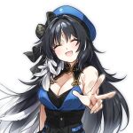  1girl :d ^_^ bare_arms bare_shoulders black_hair black_sash blue_hat blue_shirt blush breasts cleavage closed_eyes collarbone commentary_request facial_mark feather_hair forehead forehead_mark hair_intakes halterneck hat hat_ribbon highres korean_commentary large_breasts long_hair mole mole_under_eye myam_(123ab456c) open_mouth parted_bangs reaching reaching_towards_viewer ribbon sash shirt simple_background smile solo tacet_mark_(wuthering_waves) upper_body v white_background wuthering_waves yangyang_(wuthering_waves) 